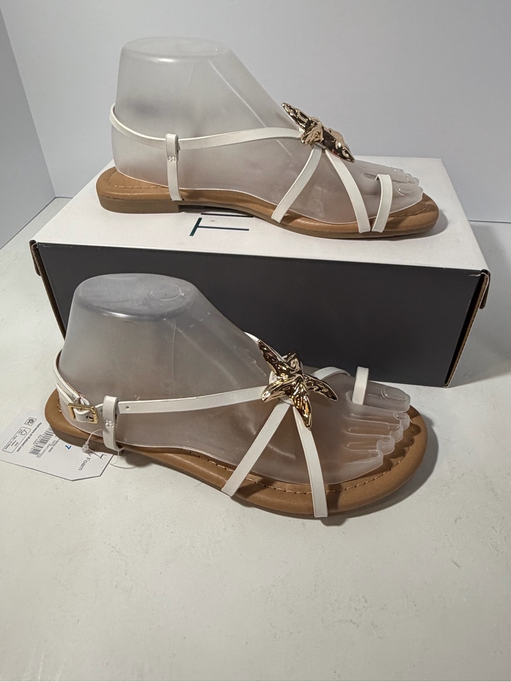 Time and Tru White Strappy Sandals with Gold Star Accent